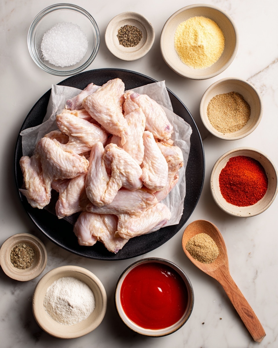 The image shows a large black plate at the bottom filled with many raw chicken wings resting on white paper towels. Surrounding the plate on a white marbled surface are small white and beige bowls containing different spices and sauces. Starting from the top left and moving clockwise: a small glass bowl with white kosher salt, a beige bowl with light yellow garlic powder, a wooden spoon holding black ground pepper, a white bowl with brown ground cumin, another white bowl with pale yellow onion powder, a white bowl with pale yellow egg whites, a white bowl filled with bright red hot wing sauce, and a beige bowl with dark red paprika. Each ingredient is clearly separated and labeled with black text above or near them. photo taken with an iphone --ar 4:5 --v 7