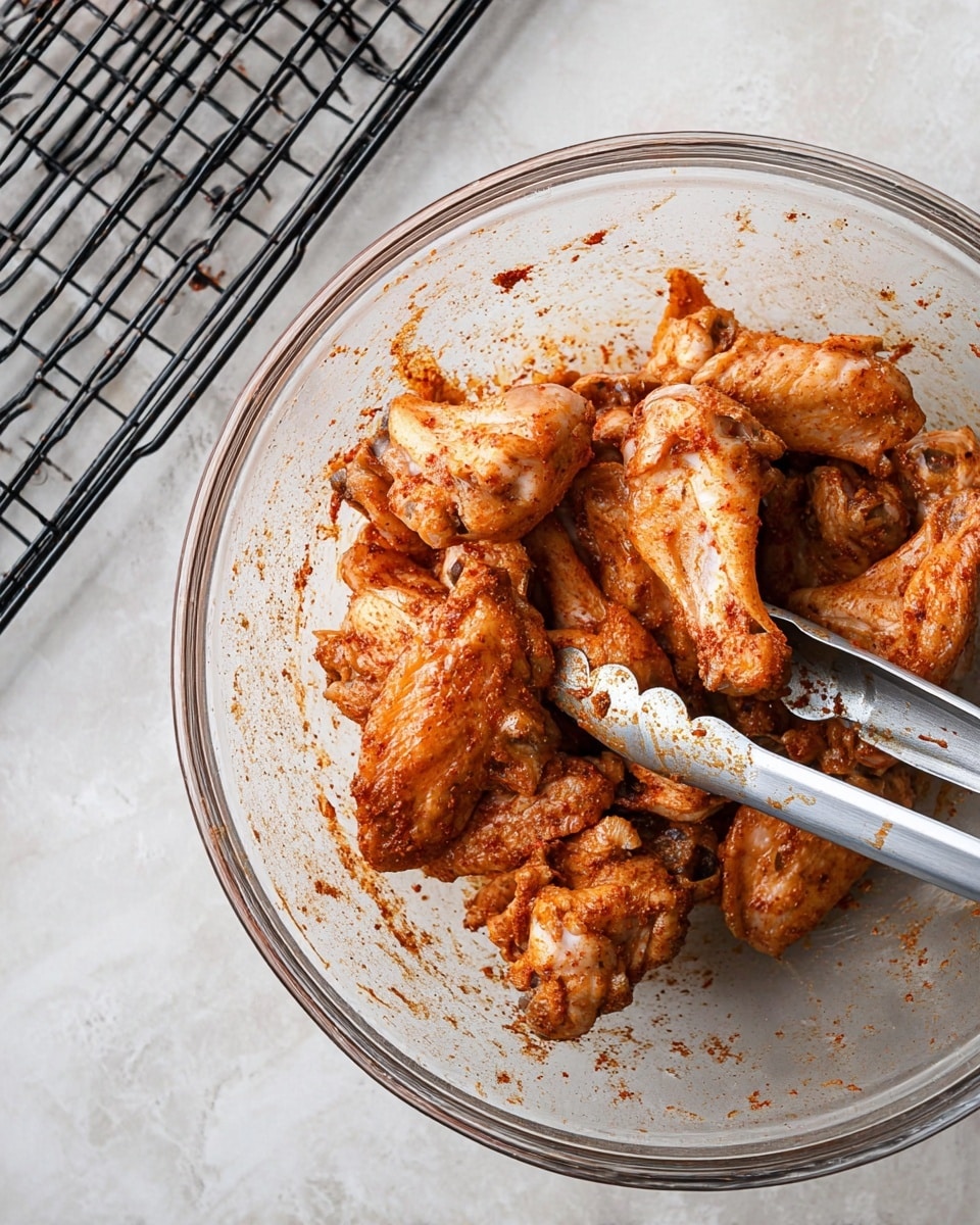 A clear glass bowl filled with raw chicken wings covered in a reddish-brown spice mix, showing different parts like drumettes and wingettes. The chicken pieces sit on each other, with some spices scattered inside the bowl. A pair of metal tongs rests in the bowl, angled diagonally from the bottom right toward the center, slightly lifting some wings. The bowl is placed on a white marbled texture surface, with a black metal grill rack visible at the top left corner. Photo taken with an iphone --ar 4:5 --v 7
