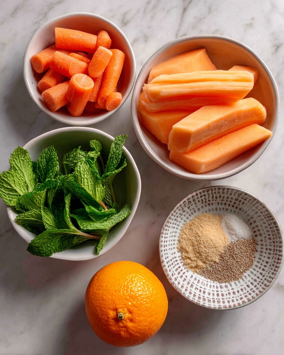 The image shows five white bowls on a white marbled surface. The top right bowl is filled with bright orange baby carrots, smooth and fresh. The bottom right bowl contains thick, long pieces of orange cantaloupe melon with a soft texture. The small bowl on the left has fresh, green mint leaves with a slightly wrinkled texture. In the center, a small patterned white bowl holds fine powders in light brown and pale beige colors, labeled as black salt and ginger powder. Below the bowls, there is one whole, round orange with a rough textured peel. Photo taken with an iphone --ar 4:5 --v 7
