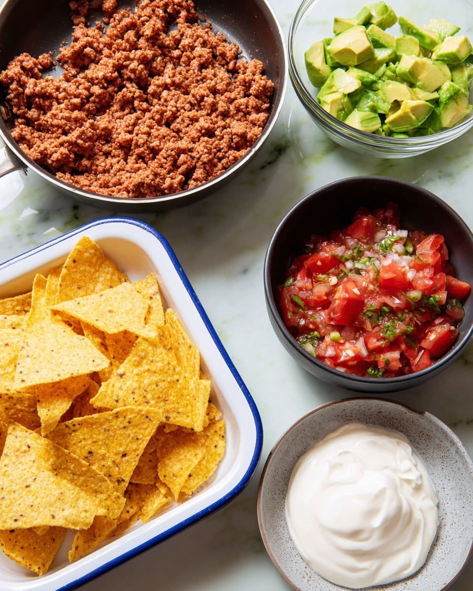 The image shows five separate containers of food arranged on a white marbled surface. In the top left, a pan holds cooked ground meat with a reddish-brown color and a crumbly texture. To the right of the pan, a clear glass bowl contains bright green diced avocado pieces. Below the avocado bowl, a black bowl holds fresh red salsa with chunks of tomato, onion, and bits of green herbs, all sitting in a light liquid. In the center, there is a small gray ceramic bowl filled with smooth, thick white sour cream. On the bottom left, a white enamel tray with a blue rim is piled with yellow tortilla chips that have a slightly rough texture and some visible black specks. photo taken with an iphone --ar 4:5 --v 7