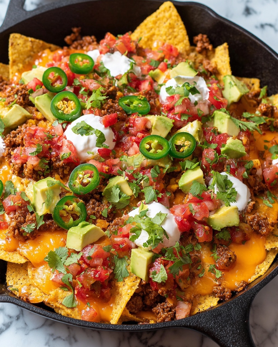 The dish shows a black cast iron skillet filled with a base layer of yellow tortilla chips with a rough texture, topped with a thick layer of light orange melted cheese sauce spread unevenly. Over the cheese, there are small chunks of browned ground meat, bright red and green chunks of fresh salsa with visible bits of tomato and onion, and dollops of smooth white sour cream scattered evenly. Bright green diced avocado pieces and sliced green jalapeños are spread across, along with fresh green cilantro leaves adding a touch of color and freshness. The background is a white marbled surface. Photo taken with an iphone --ar 4:5 --v 7
