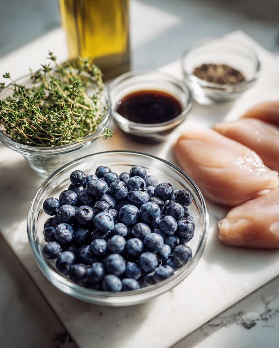A white marbled surface holds a neat arrangement of ingredients: in the front, a clear glass bowl full of plump, deep blue blueberries with slight purple tones; behind it and slightly to the left, a small clear glass bowl filled with fresh green herb sprigs; next to this, a smaller clear glass bowl with black pepper and salt; to the right, another small clear glass bowl contains a dark brown liquid sauce; and on the far right, four raw light pink chicken fillets lie side by side. A glass bottle with golden olive oil sits blurred in the background. The scene is lit by soft natural light casting slight shadows. photo taken with an iphone --ar 4:5 --v 7