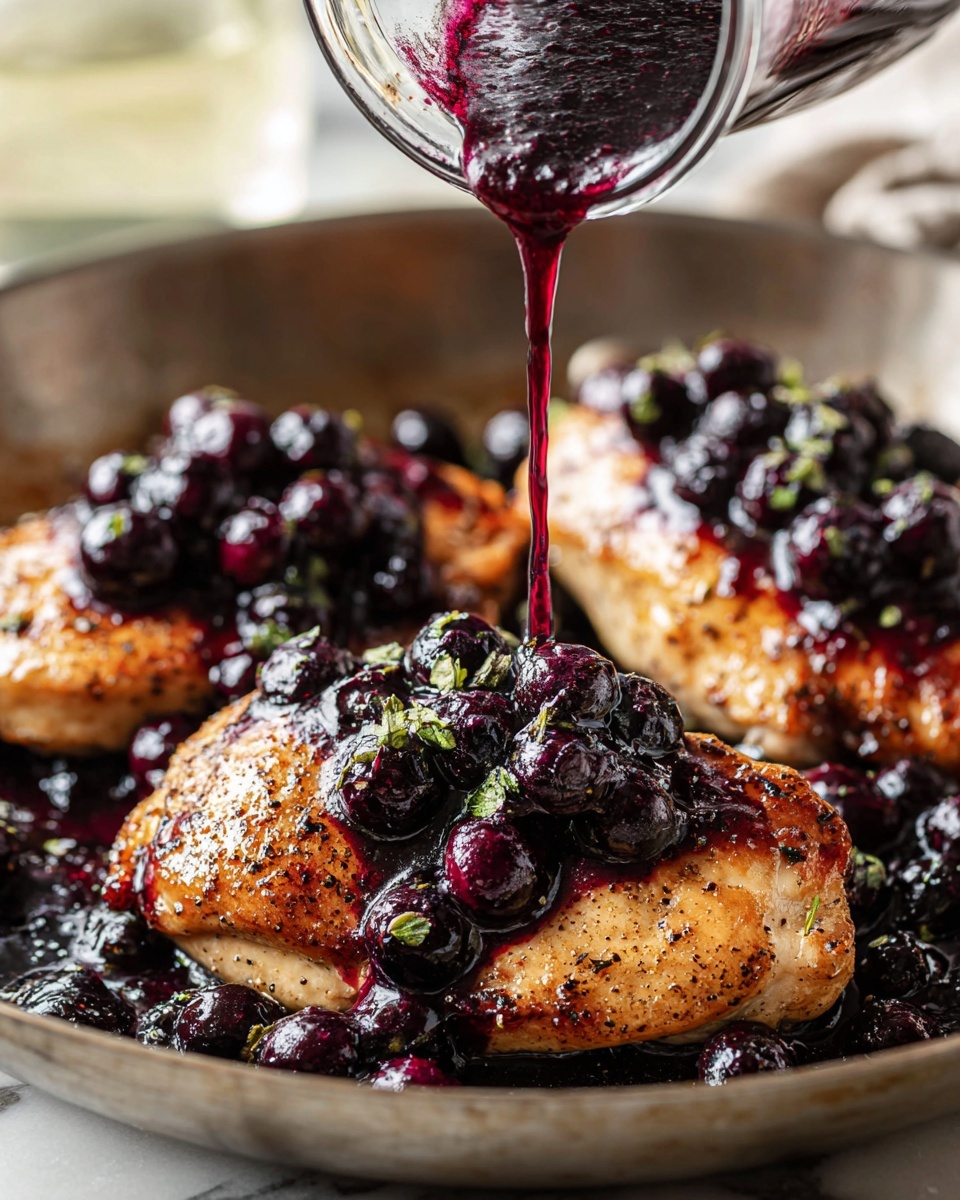 A close-up of a pan with three golden brown cooked chicken pieces, each topped with a thick, dark purple blueberry sauce containing whole blueberries and small green herb bits. A glass is pouring more of the same blueberry sauce over the chicken in the front. The chicken has a slightly textured and juicy surface with black pepper speckles. The pan sits on a white marbled surface with a soft, out-of-focus background. photo taken with an iphone --ar 4:5 --v 7