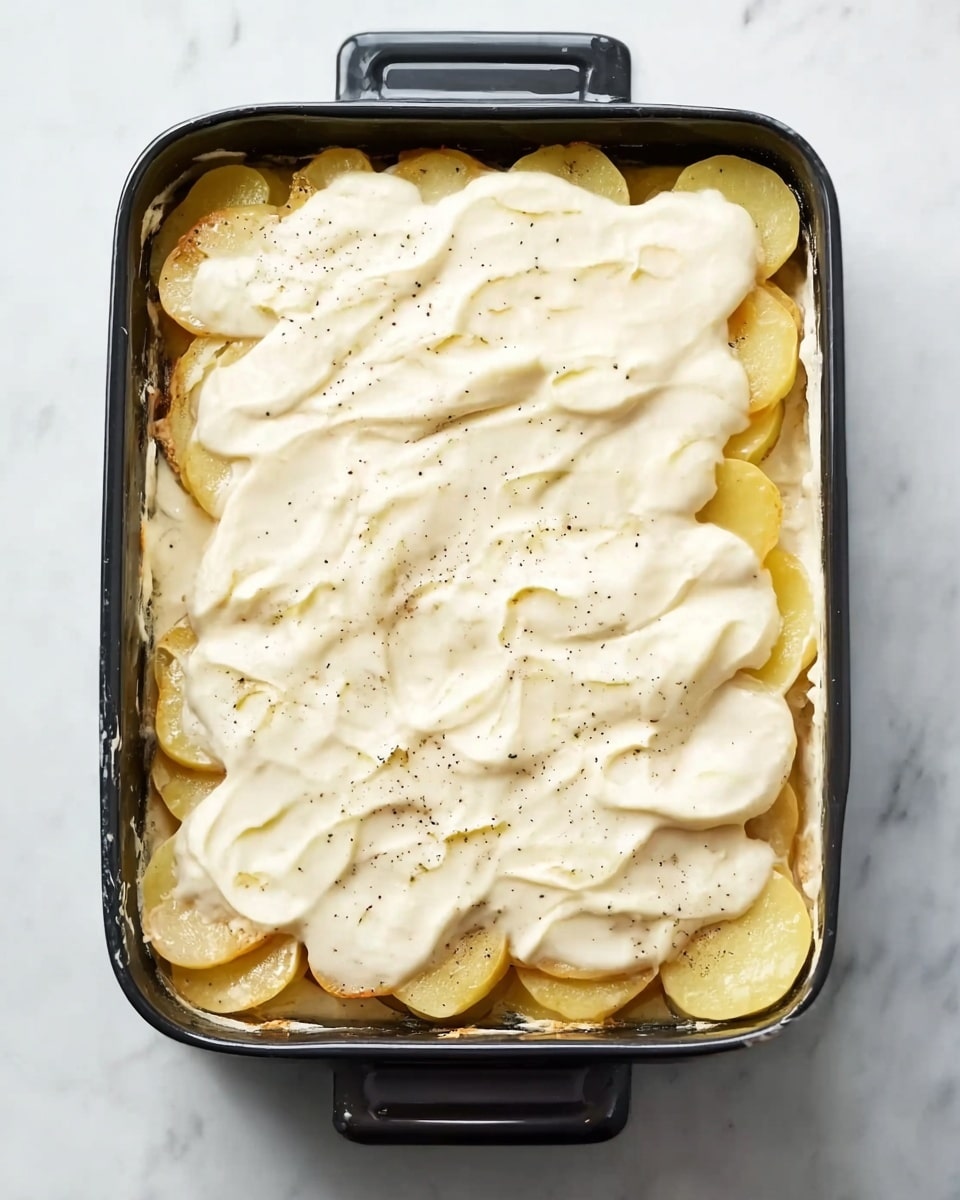 The image shows a rectangular black baking dish filled with layered thin potato slices at the bottom, mostly covered by a thick, smooth, and creamy white sauce spread evenly on top. The edges of the potato slices peek out slightly beneath the sauce, showing a light golden color. The dish rests on a white marbled surface, highlighting the contrast between the creamy top layer and the darker dish. Photo taken with an iphone --ar 4:5 --v 7
