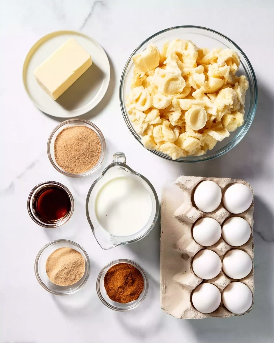 The image shows baking ingredients arranged neatly on a white marbled surface. At the top right is a large clear glass bowl filled with light yellow torn bread pieces. To the left of it is a small white plate holding a stick of pale yellow butter. Below the butter is a small clear bowl filled with light brown sugar. To the right of the brown sugar is a clear measuring cup with white milk inside. Below the measuring cup are six white eggs in a beige carton. Near the bottom left corner are three small clear bowls: one with dark brown vanilla extract, one with light brown cinnamon powder, and one with a tan dry ingredient. All the items are spaced evenly and easy to see, photo taken with an iphone --ar 4:5 --v 7