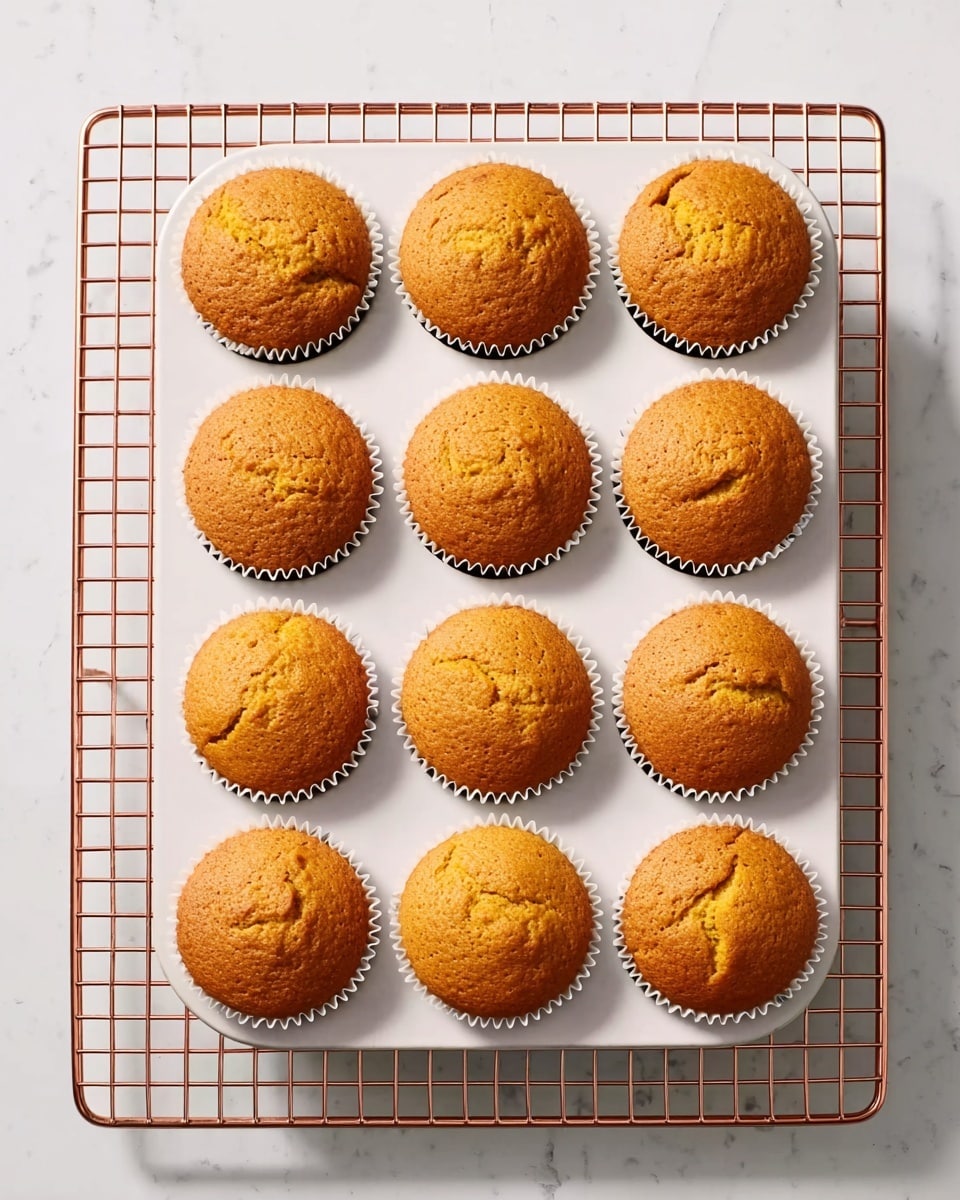 There is a white metal muffin tray holding 12 golden brown muffins, each in their own white paper liner. The muffins are evenly rounded on top with some small cracks and a slightly rough texture. The tray sits on a copper cooling rack that has a grid pattern. All of this is placed on a white marbled surface. The photo is taken from above, showing all muffins clearly and evenly spaced. photo taken with an iphone --ar 4:5 --v 7