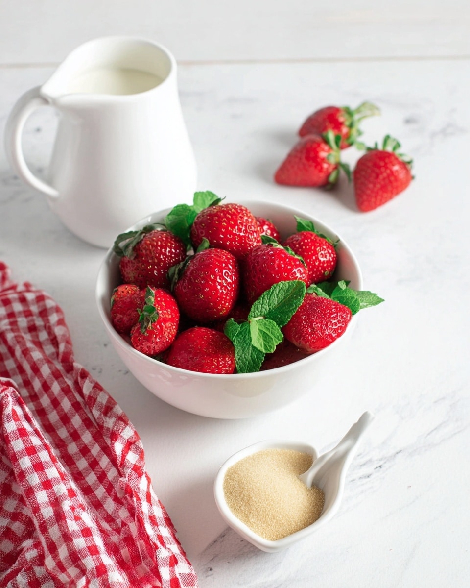 A white bowl filled with fresh bright red strawberries with green leaves, some mint leaves mixed in for extra green color, placed on a white marbled surface. Nearby, a small white spoon-shaped dish holds light beige granulated sugar. In the front left, a white milk jug with a handle is partly visible, filled with milk. A red and white checkered cloth is casually placed in the background on the white marbled surface. photo taken with an iphone --ar 4:5 --v 7