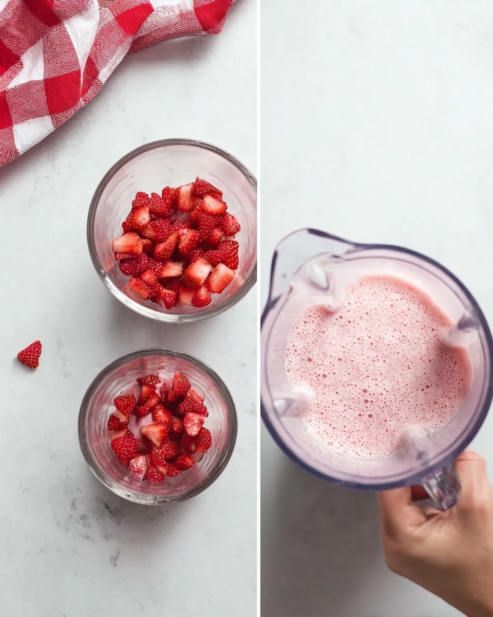 Two clear glasses are placed on a white marbled surface, each filled about halfway with small red strawberry pieces. In the right part of the image, a woman's hand is holding a blender container filled with pink, frothy strawberry liquid above one of the glasses, ready to pour. The overall colors are mostly white and red, with the texture showing the softness of the fruit and the smoothness of the frothy mix. A red and white checkered cloth is slightly visible in the top left corner. Photo taken with an iphone --ar 4:5 --v 7
