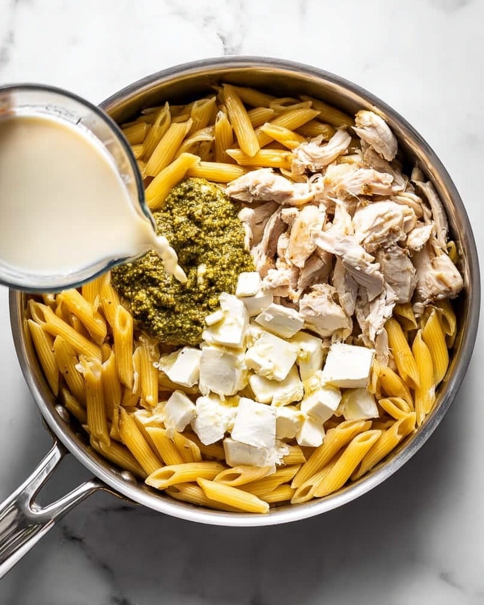 The image shows a silver pan filled with several layers of food on a white marbled surface. The bottom layer is cooked yellow penne pasta mixed with small pieces of light tan chicken. On top of the pasta and chicken, there are white chunks of soft cheese and a dollop of green pesto sauce placed on one side. A clear measuring cup pours a white liquid into the pan from the left side. The pan handle is shiny metal, extending toward the right side. Photo taken with an iphone --ar 4:5 --v 7