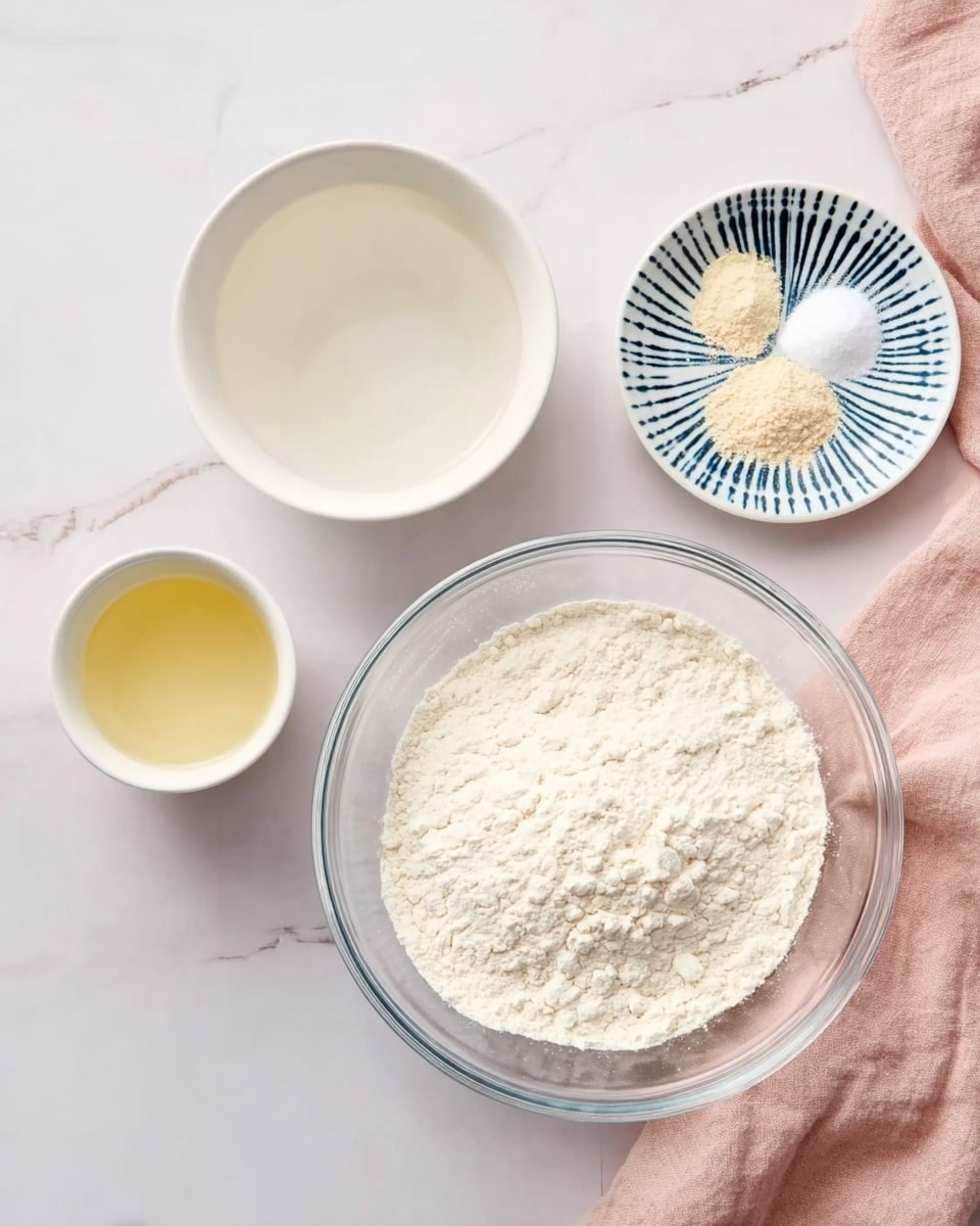 The image shows four containers on a white marbled surface: a clear glass bowl filled with a large layer of white flour at the bottom center, a white bowl with water placed to the left, a small white cup with a pale yellow liquid above the white bowl, and a small white plate with a dark blue pattern holding three small piles of light beige and white powder ingredients near the top right. A soft pink cloth is partially visible to the right. photo taken with an iphone --ar 4:5 --v 7