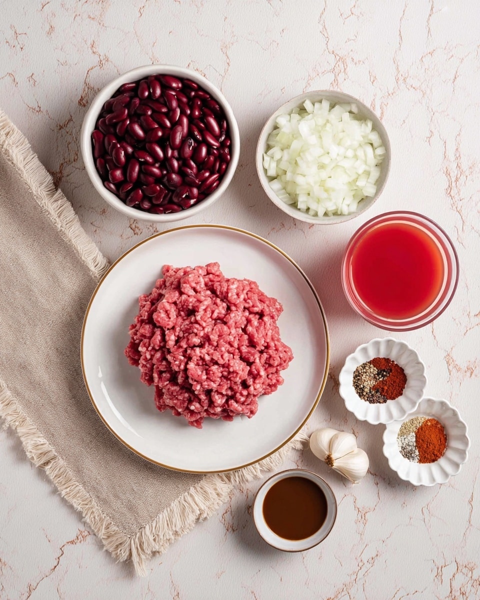 The image shows a flat lay of cooking ingredients arranged on a white marbled surface. At the center is a white plate with a gold rim holding a single layer of raw ground meat, pink and textured. Top left is a white bowl filled with dark red kidney beans, smooth and shiny. Next to it on the right is a small white bowl containing finely chopped white onions. To the right of the plate is a clear glass filled with bright red tomato juice. Below the plate is a small white bowl with a dark brown sauce. To the bottom right, there is a white fluted dish holding five small piles of spices: light brown, dark red, white, and black. A single garlic clove rests to the far right on the surface. Everything is placed on a beige cloth with fringed edges partially under the plate. The photo is taken with an iphone --ar 4:5 --v 7