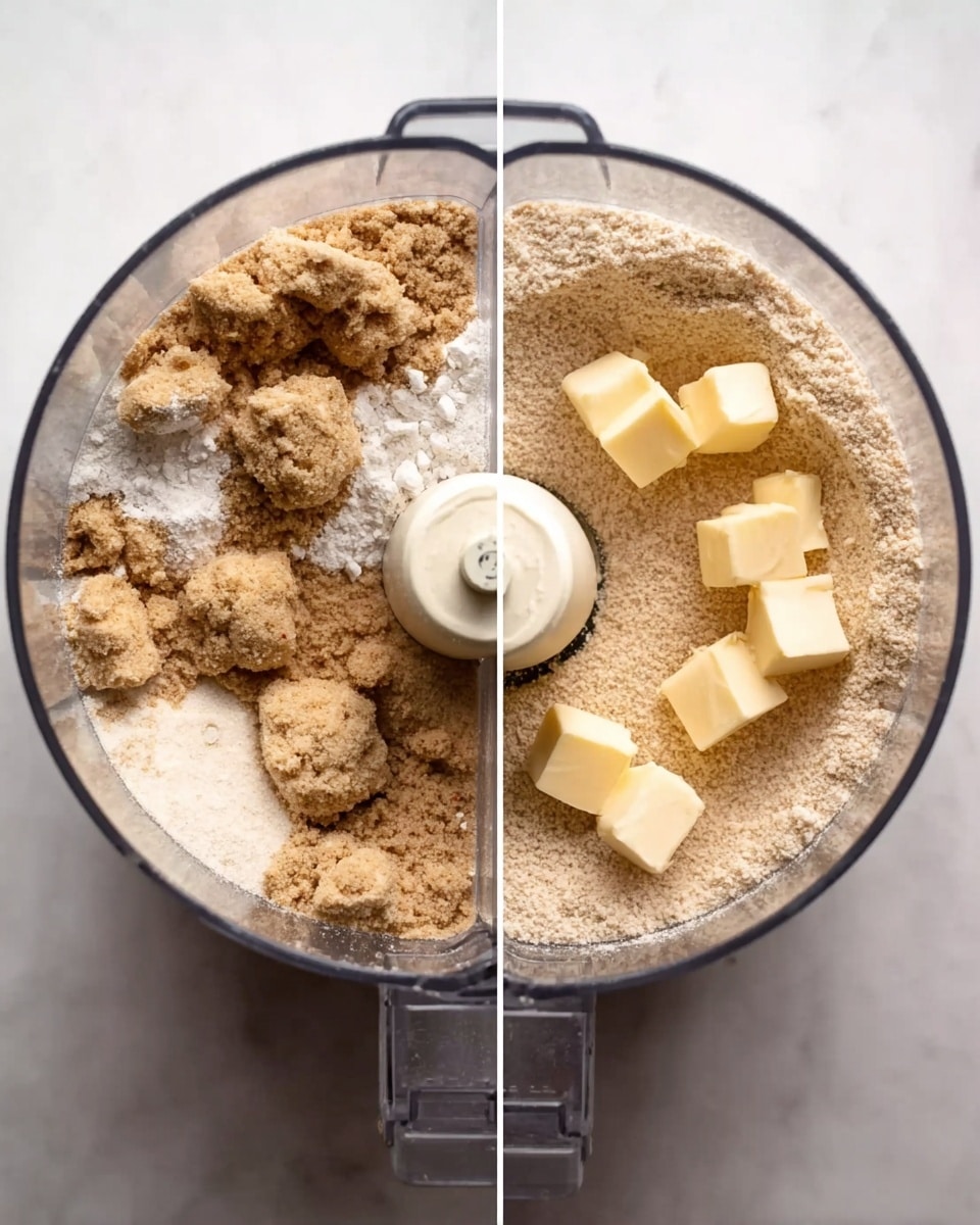 The image shows two clear food processor bowls side by side, each filled with a base layer of light brown flour mixture with small chunks and spots scattered on top. The bowl on the left has uneven clumps of light brown sugar, baking powder, and a little white powder sprinkled over the flour. The bowl on the right contains the same flour layer but topped with even-sized small cubes of pale yellow butter placed near the center. Both bowls rest on a white marbled surface, and the food processor blades are visible in the center. photo taken with an iphone --ar 4:5 --v 7
