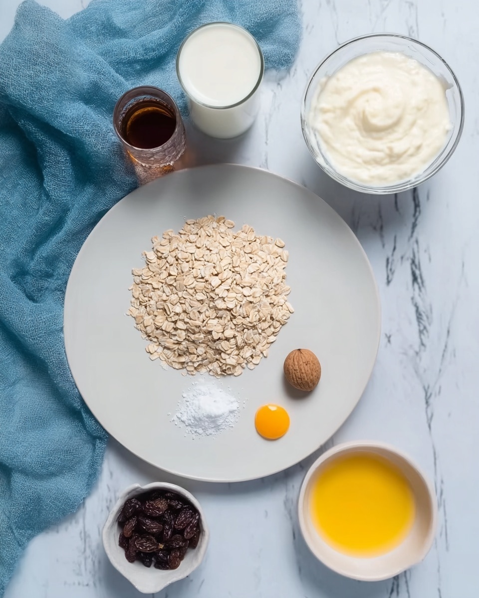 A white plate on a white marbled surface holds small piles of light brown rolled oats with a small heap of white salt on top, a white powder, a single whole brown nut, and a light golden syrup drop arranged neatly around the plate. Surrounding the plate are a clear glass of white milk, a clear glass with dark brown liquid, a white bowl with thick white cream, a white bowl with melted bright yellow butter, and a small white bowl with dark brown raisins. A blue cloth is softly draped near the top left corner. photo taken with an iphone --ar 4:5 --v 7