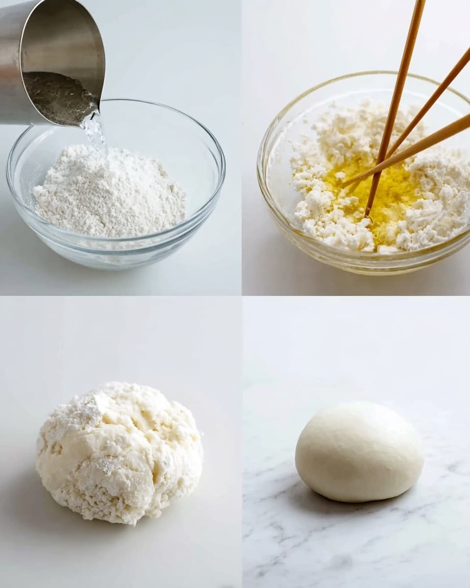The image shows four steps of making dough. The top left part has a clear glass bowl with white flour inside, and a metal cup pouring water into the bowl. The top right part shows a clear bowl with crumbly white mix, with two wooden chopsticks mixing while golden liquid is poured in from a strainer. The bottom left shows a rough, uneven white dough ball on a white marbled surface. The bottom right shows a smooth, round, white dough ball on a white marbled surface. photo taken with an iphone --ar 4:5 --v 7