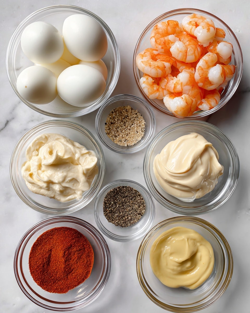 The image shows seven small clear glass bowls placed on a white marbled surface. The top left bowl is filled with smooth, glossy white hard-boiled eggs, while the top right bowl contains bright orange and white pre-cooked shrimp. Below the eggs, a bowl holds thick, creamy light beige mayonnaise. To the right of this, a small bowl contains a mix of kosher salt and black pepper in tiny grains. Underneath, two bowls with reddish-brown Cajun seasoning are side by side; the left one has a clear liquid of white vinegar beneath it, and the right one contains smooth, light yellow Dijon mustard. Each bowl’s content has a clear distinct texture and color, arranged neatly in two rows, photographed from above. photo taken with an iphone --ar 4:5 --v 7
