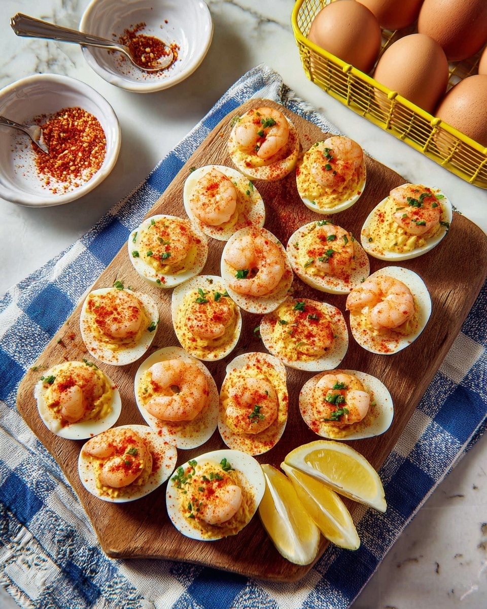 A round wooden plate holds nine halves of white boiled eggs arranged closely together. Each egg half has a smooth white outer layer as the base, filled with a creamy yellow yolk mixture in the center. On top of each yolk layer, there is a curled orange shrimp sprinkled with red seasoning and small green herb pieces, adding color and texture. The plate sits on a blue and white checkered cloth with some spice scattered around. Part of a lemon slice and a glimpse of a white bowl can be seen in the frame. photo taken with an iphone --ar 4:5 --v 7