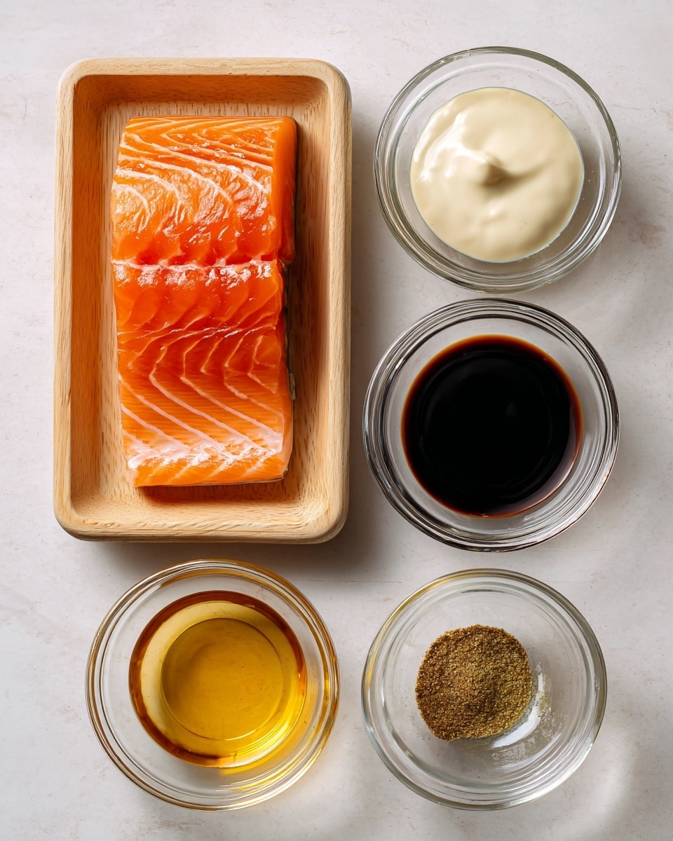 The image shows six items arranged on a white marbled surface. At the top left, there is a rectangular light wood tray holding a piece of fresh salmon with bright orange color and visible white lines. To the right of the salmon, a small clear glass bowl holds off-white Kewpie mayo with a smooth texture. Below these, from left to right, are four clear glass bowls: the first bowl contains dark brown soy sauce, the second has golden sesame oil, the third holds pale yellow yuzu juice, and the last smaller bowl contains a brownish-green paste labeled yuzu kosho. All the items are neatly arranged in two rows, with the sauces and paste on the bottom row. Photo taken with an iphone --ar 4:5 --v 7