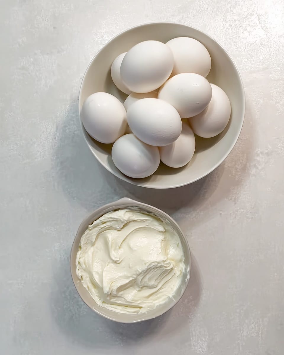 The image shows two white bowls placed on a white marbled surface; the larger bowl at the top is filled with nine smooth, white eggs that have a slight natural sheen, and the smaller bowl below holds a thick, creamy white spread with soft, uneven texture and gentle folds on the surface. Both bowls have simple, clean designs with no patterns, and the overall color scheme is light with soft shadows adding depth. photo taken with an iphone --ar 4:5 --v 7