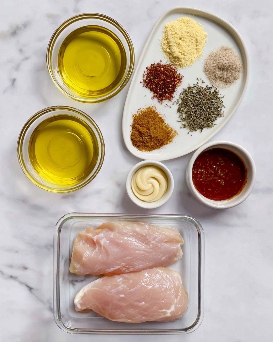 The image shows ingredients neatly arranged on a white marbled surface. At the bottom center, there is a clear rectangular glass container holding two raw, pale pink chicken fillets side by side. Above the container, there are two small glass bowls filled with light yellow oils, side by side. Above these bowls, on the left, is a white round plate divided into six sections, each containing a different seasoning: a pile of light yellow granules, a dark brown powder, a beige paste, a small heap of black pepper, dried mixed green herbs, and salt. To the right of this plate, there are two small white bowls stacked vertically, the top bowl filled with a reddish-brown sauce and the bottom bowl holding a swirl of pale yellow mustard. All elements are positioned carefully for a clean and organized look. photo taken with an iphone --ar 4:5 --v 7