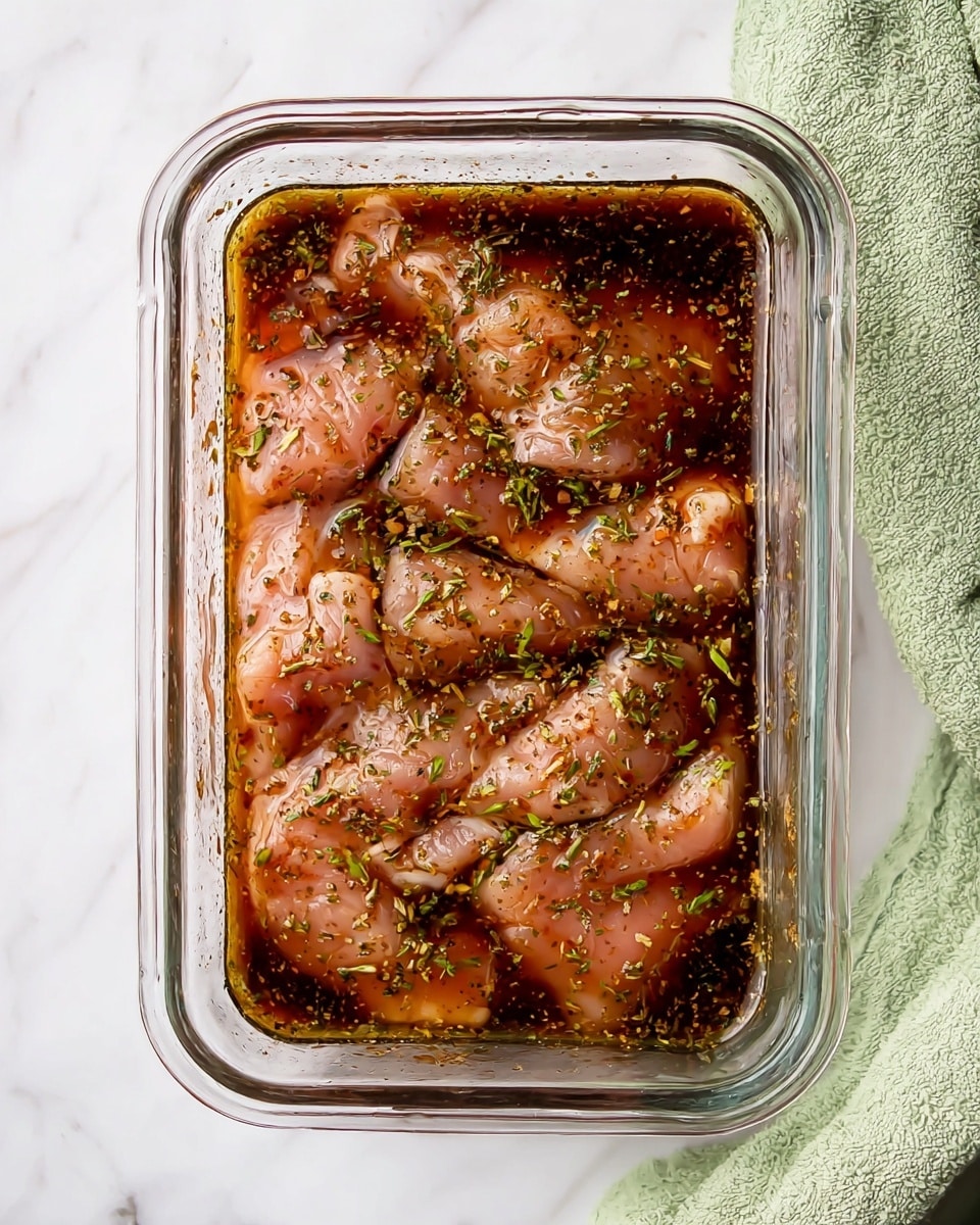 A glass rectangular container filled with raw light pink meat pieces soaked in a dark brown liquid marinade, sprinkled with green herbs and spices evenly spread inside. The container is placed on a white marbled surface with a soft green towel partially visible at the top right corner. photo taken with an iphone --ar 4:5 --v 7