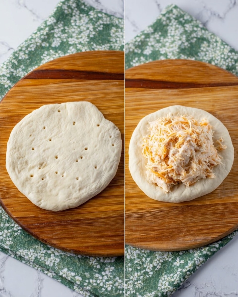 The image shows two stages of making a stuffed bread dish set on a wooden board over a white marbled surface with a green cloth with white flowers nearby. The left side shows a thick, round piece of pale dough with small holes, smooth and slightly puffed, placed flat on the board. The right side shows the same dough rolled thinner in a round shape, with a creamy, light orange filling mixed with shredded bits placed in the center. The wood grain of the board is clear and warm. photo taken with an iphone --ar 4:5 --v 7