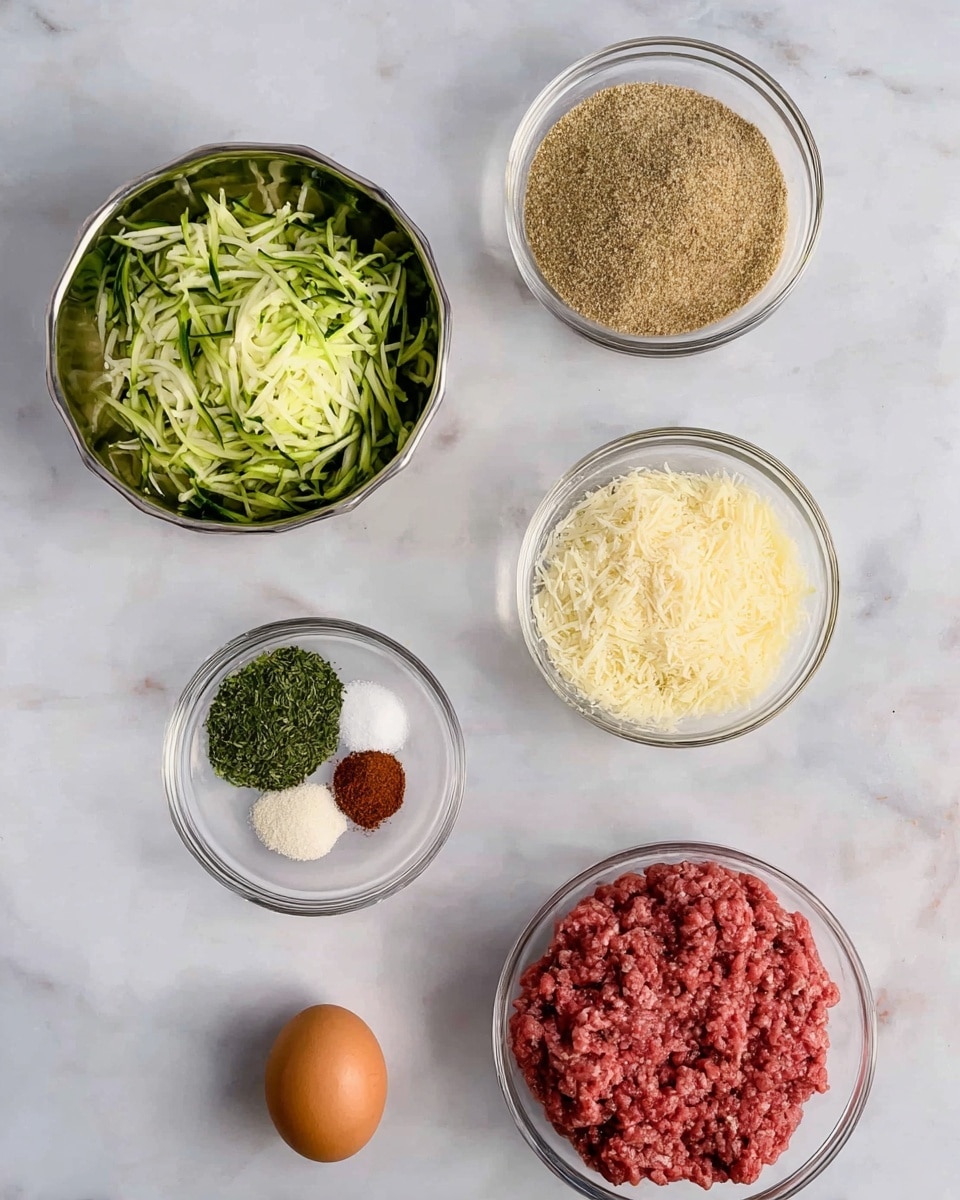 The image shows six ingredients placed on a white marbled surface. On the top left is a silver bowl filled with shredded green zucchini. To the right is a glass bowl with brown breadcrumbs. Below the breadcrumbs is a glass bowl with four sections of spices: green dried herbs, light beige powder, red powder, and white salt. Below the spices is another glass bowl containing finely grated pale yellow cheese. On the bottom right is a silver bowl filled with fresh ground meat that is pinkish red. To the left of the meat and cheese is a single brown egg. All items are neatly arranged with some space between them. Photo taken with an iphone --ar 4:5 --v 7