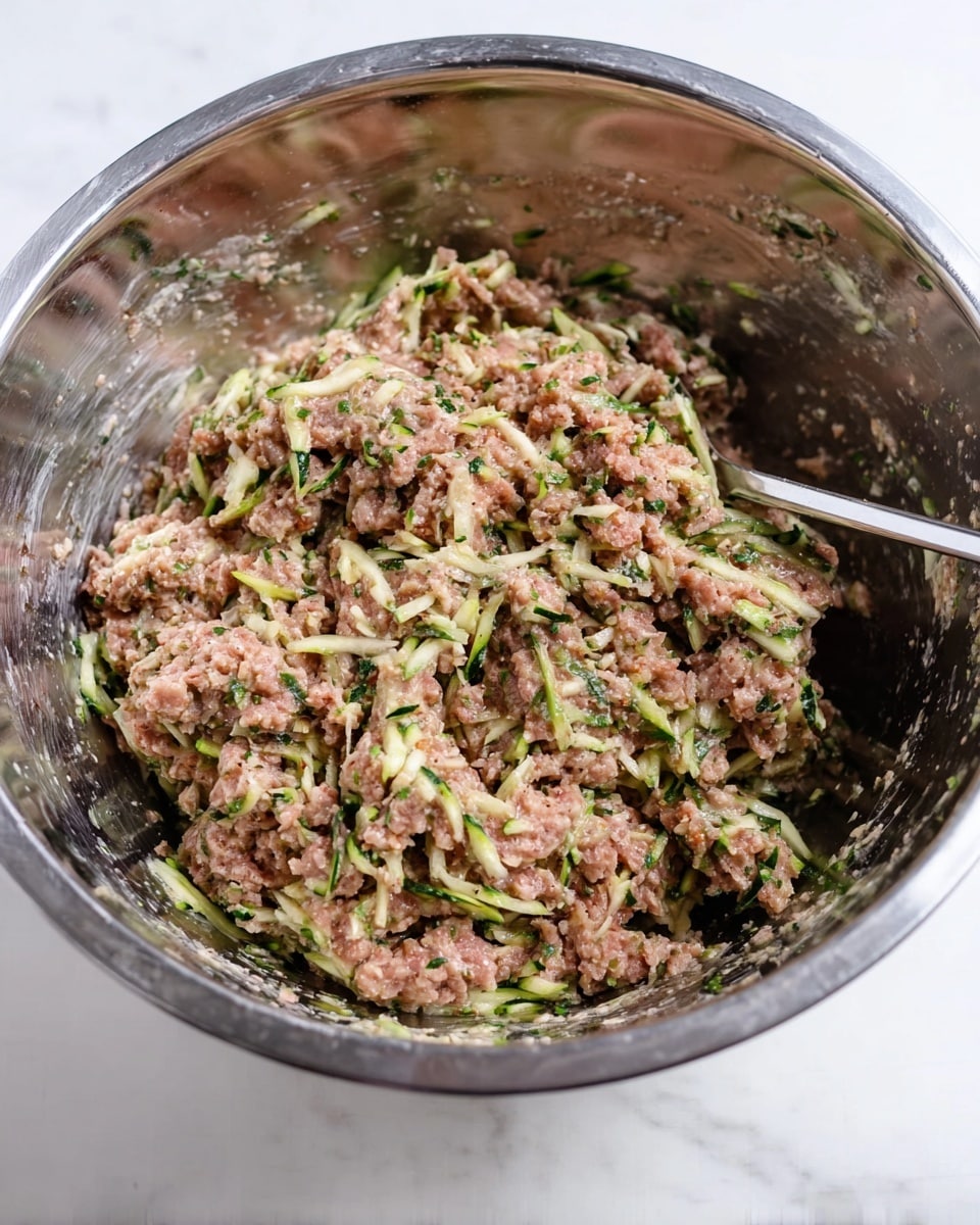 A shiny silver metal bowl filled with a mixture of shredded light green zucchini and raw pinkish ground meat with specks of brown seasoning throughout. The texture looks slightly chunky and moist, with the zucchini strands clearly visible mixed evenly in the meat. A metal spoon handle is resting inside the mixture on the right side of the bowl. The bowl sits on a white marbled surface, with a clean and bright setting around it photo taken with an iphone --ar 4:5 --v 7
