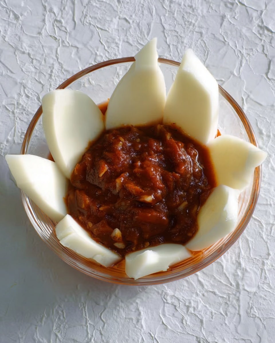 A clear glass bowl holds a thick, dark red sauce with visible chunks, placed in the center. Around the edge of the bowl are large, irregular white slices that stand upright, creating a flower-like shape. The bowl sits on a white marbled surface with a subtle textured pattern. photo taken with an iphone --ar 4:5 --v 7