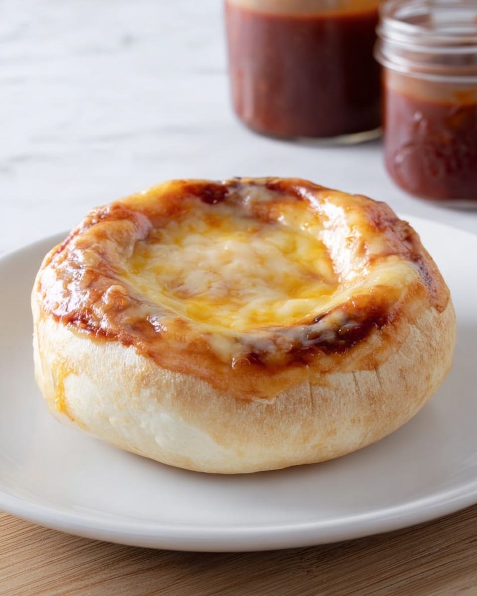 The image shows a round, thick bread base with a light golden-brown crust placed on a plain white plate. In the center of the bread, there is a slightly browned, shiny dome-shaped topping that looks like baked cheese or a sauce, with subtle yellow and brown tones and some smooth glistening spots. The bread surrounds the dome like a shallow bowl, and the plate rests on a white marbled surface. Two blurry jars filled with a dark reddish-brown sauce are visible in the background. photo taken with an iphone --ar 4:5 --v 7
