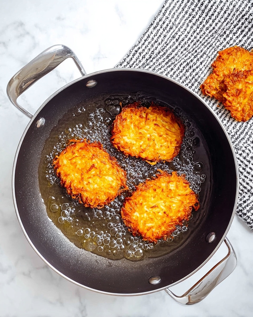 A dark round pan with two silver handles holds three golden brown, crispy rectangular potato pancakes frying in hot oil, showing a textured surface of grated potatoes. To the right, more potato pancakes rest on a white marbled surface next to a folded black and white checkered cloth. The scene is bright with a clean, white marbled background. photo taken with an iphone --ar 4:5 --v 7