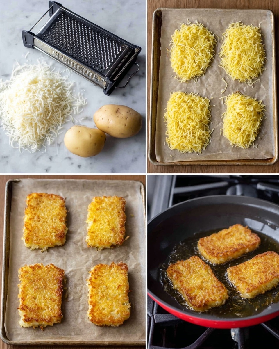 The image is a four-part collage showing the process of making golden brown potato patties. The first part shows a black box grater with a pile of freshly grated white potato shreds next to three peeled whole potatoes on a white marbled surface. The second part has eight uneven clumps of yellowish shredded potato mixture shaped roughly into rectangles and placed on parchment paper lined baking sheet. The third part shows the same sheet with the potato pieces compressed into flatter, more uniform rectangles with visible shredded texture. The last part is a close-up of three potato patties frying in oil in a red skillet on a stovetop, each patty crisp and golden brown on the outside. photo taken with an iphone --ar 4:5 --v 7