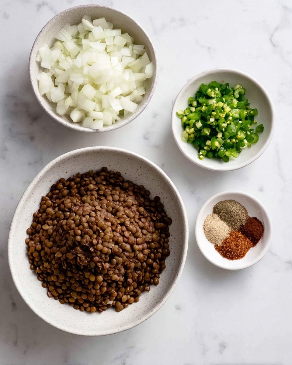 The image shows four white bowls with different ingredients on a white marbled surface. The largest bowl is full of cooked brown lentils, forming a roughly round pile with a smooth texture and dark brown color. To the top left, a medium-sized bowl is filled with chunky white pieces of chopped onion, appearing fresh and crisp. Below it, a smaller bowl holds a mixture of finely chopped green jalapeño peppers and minced white garlic, offering a mix of bright green and off-white colors. At the bottom right, a small bowl contains four types of ground spices in separate clumps, showing colors ranging from dark reddish brown to light brown and beige. Photo taken with an iphone --ar 4:5 --v 7