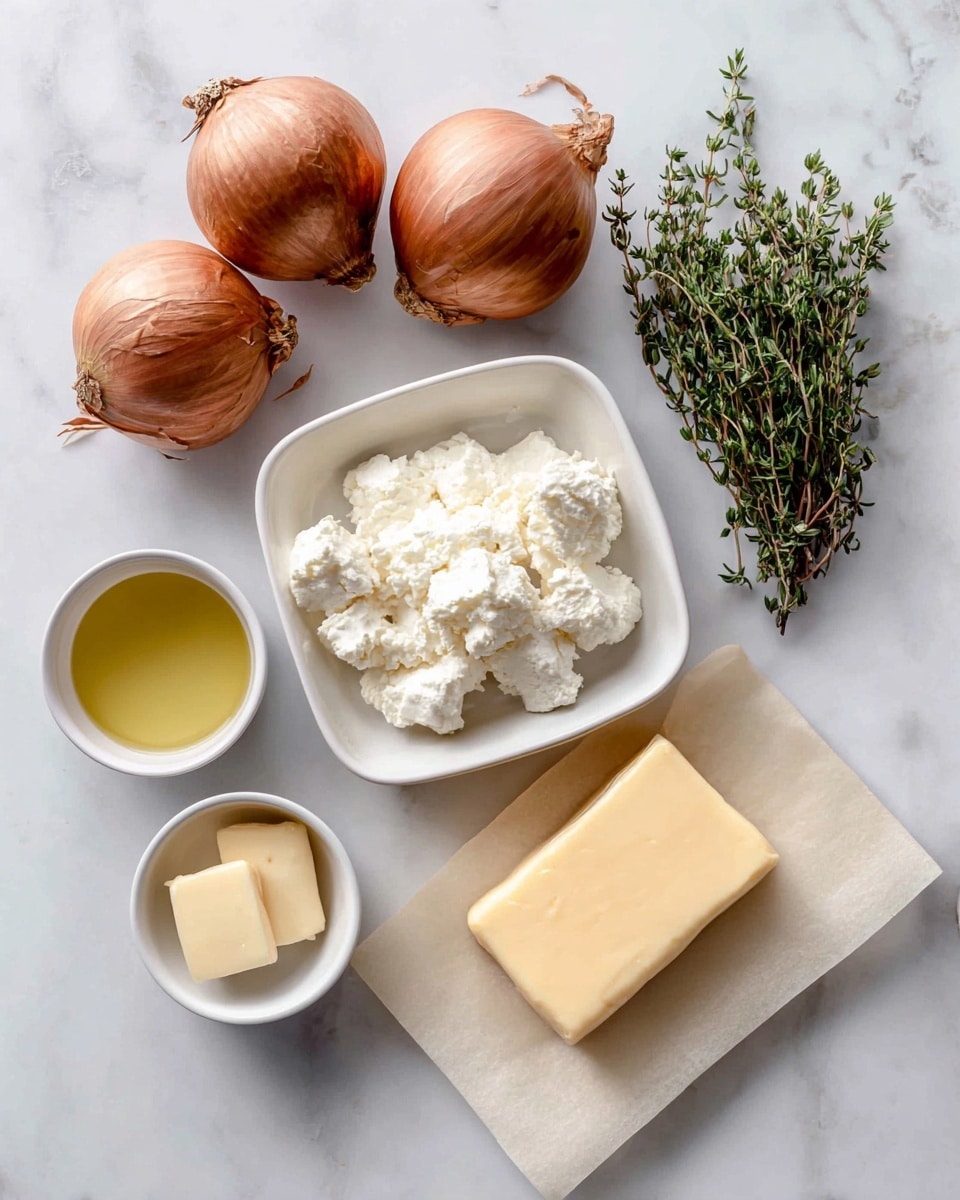 The image shows ingredients for a recipe laid out on a white marbled surface. There are five whole onions with brown skins placed near the top left. Near the top right, a small bunch of fresh green thyme is positioned. In the center of the image, a square white bowl holds a pile of soft white goat cheese. Below that, a small white bowl contains a pale yellow liquid oil, and to its left, another small white bowl holds a small block of light yellow butter. On the lower right side, a folded rectangular sheet of light beige puff pastry paper rests flat. Each ingredient is clearly visible and spaced apart. Photo taken with an iphone --ar 4:5 --v 7