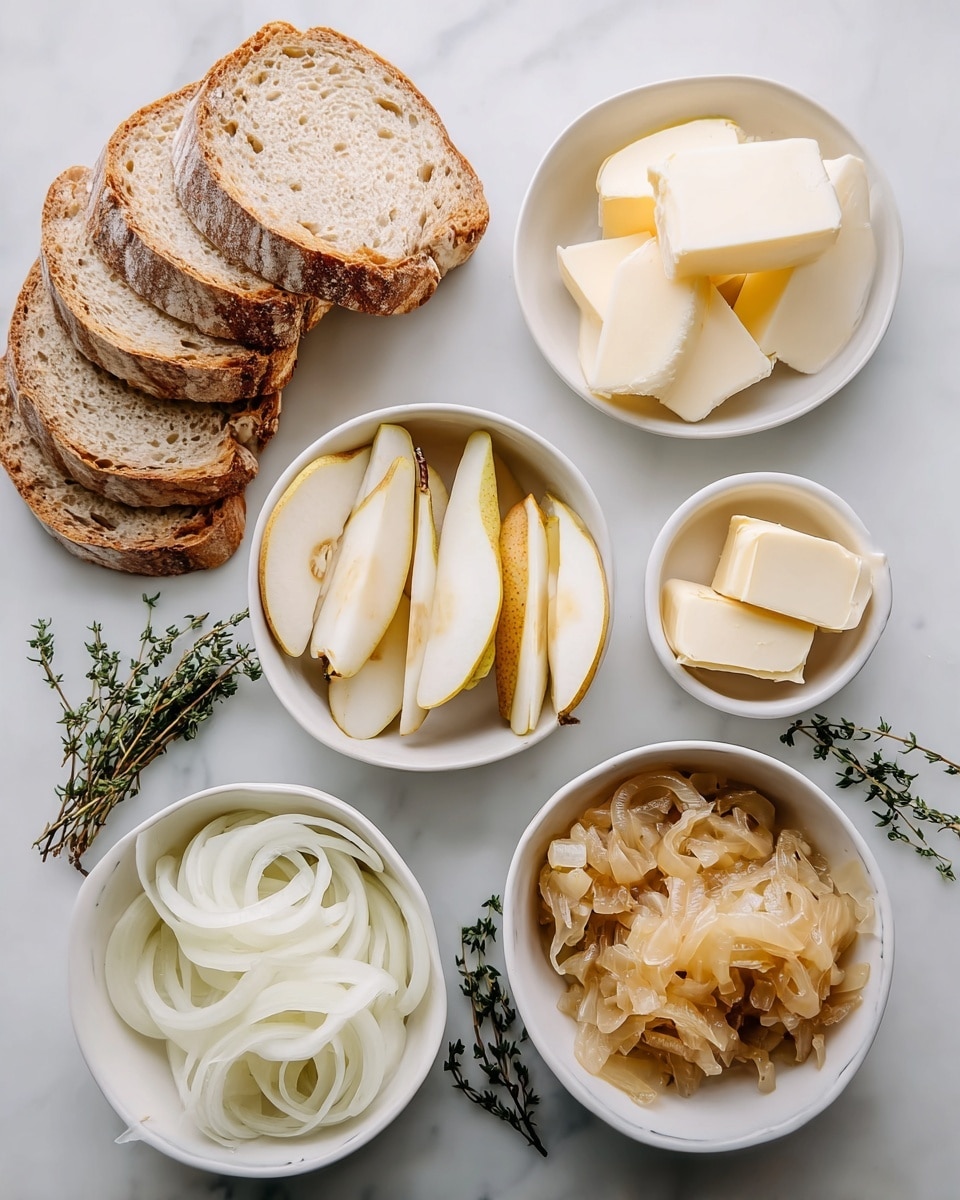 The image shows several white bowls and sliced bread arranged on a white marbled surface. There are two bowls filled with sliced pear wedges, one on the top left and one in the middle center. Two smaller bowls hold butter slices, positioned on the top right and just below it. A bowl with thinly sliced white onions is placed in the bottom left, and another bowl with cooked, translucent caramelized onions is on the bottom right. Two small bunches of fresh thyme are scattered between the bowls. To the left, there are two stacks of sliced bread, showing the crusty and soft texture of the loaf. Photo taken with an iphone --ar 4:5 --v 7