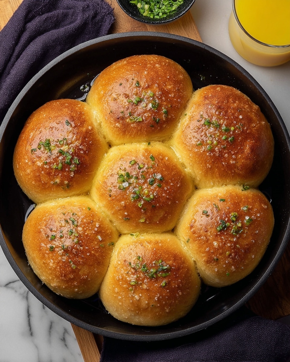 Seven golden brown rolls are arranged in a circle inside a round black pan, each roll shiny with a slightly crispy top and sprinkled with small green herb pieces and coarse salt. The rolls have smooth textures and soft rounded edges, resting closely together with a slight gap in the center. The pan sits on a white marbled surface, with a glass of orange juice partially visible at the top right corner and a folded dark cloth beneath the pan. photo taken with an iphone --ar 4:5 --v 7
