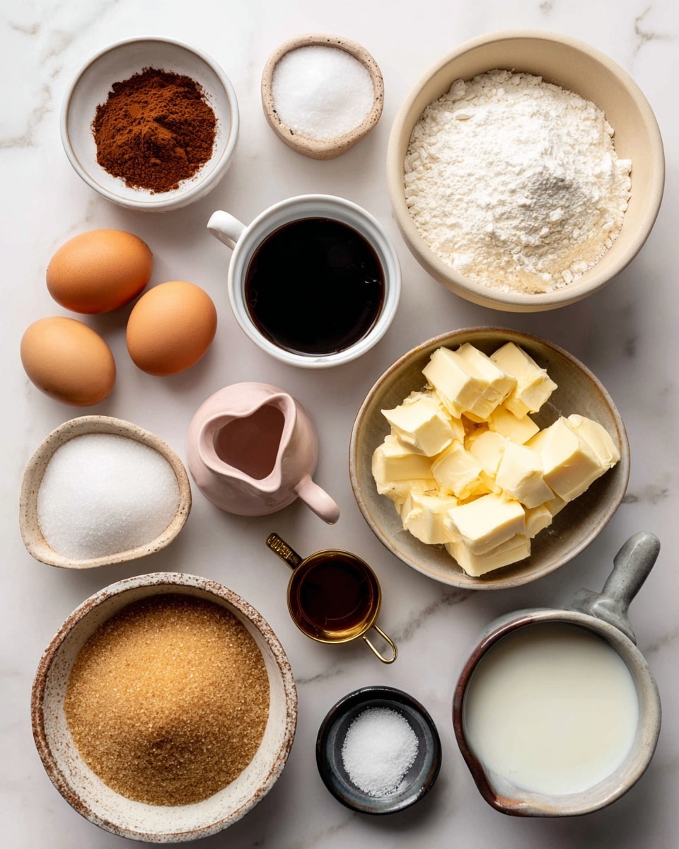 The image shows an overhead view of various baking ingredients arranged neatly on a white marbled surface. There are three brown eggs placed near a small bowl of white flour that fills almost the whole bowl, the flour having a soft, powdery texture. Next to it is a small cup of dark liquid with a shiny surface, likely vanilla or coffee, set near a round pink cup filled with light brown sugar granules. Close by is a small white plate with several chunks of pale yellow butter. There are also small white bowls containing white sugar and fine salt, and a tiny metal spoon holds fine white granules. A small round bowl contains a reddish-brown powder. The items are spaced to show clear textures and colors, emphasizing the ingredients used in baking. photo taken with an iphone --ar 4:5 --v 7