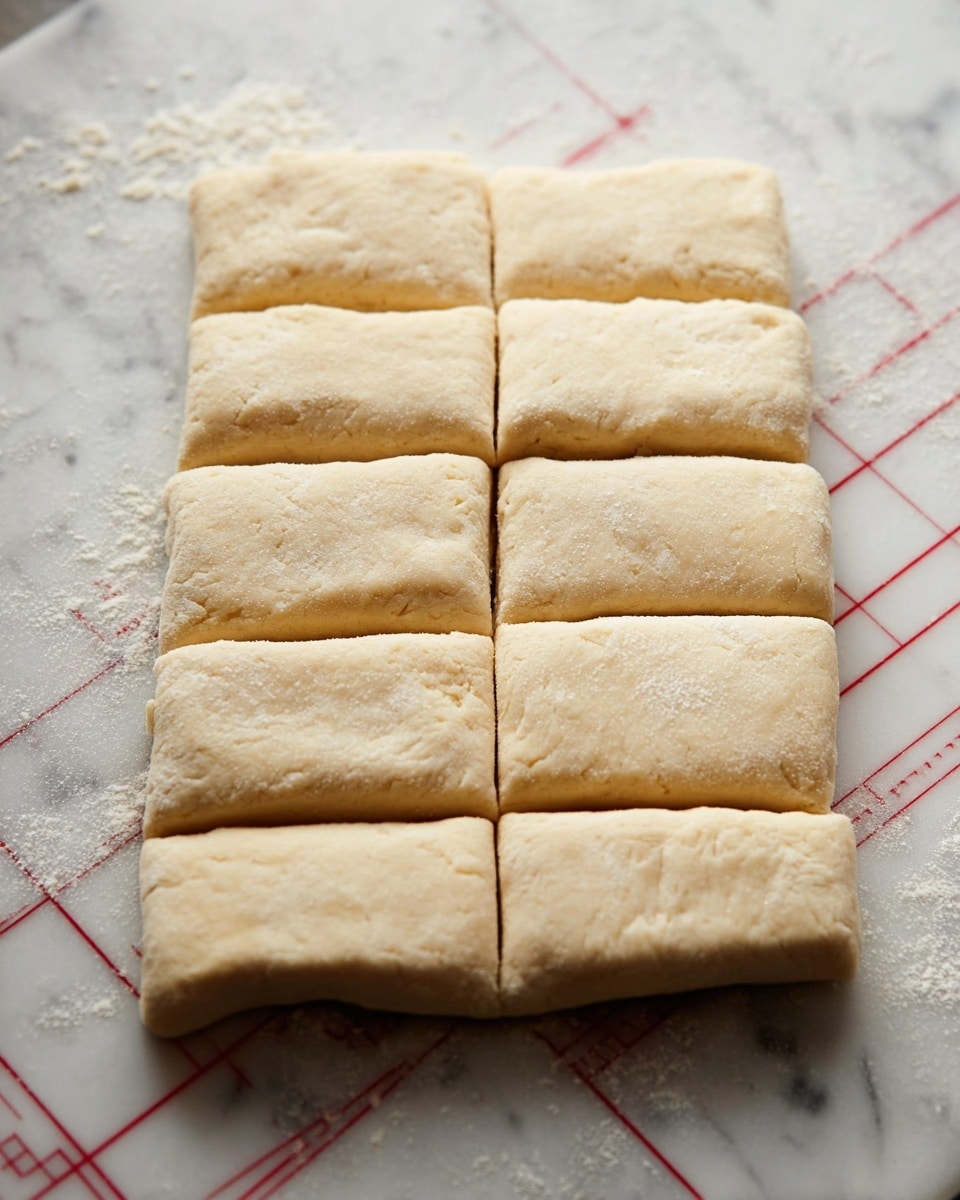 The image shows a flat layer of light beige dough cut into rectangular pieces, arranged in a grid of three rows and four columns on a white marbled surface. The dough has a smooth, soft texture with slightly rounded edges, and a small dusting of flour is visible on the surface and around the edges. The background features a white marbled pattern with red measurement markings faintly visible beneath the dough. Photo taken with an iphone --ar 4:5 --v 7