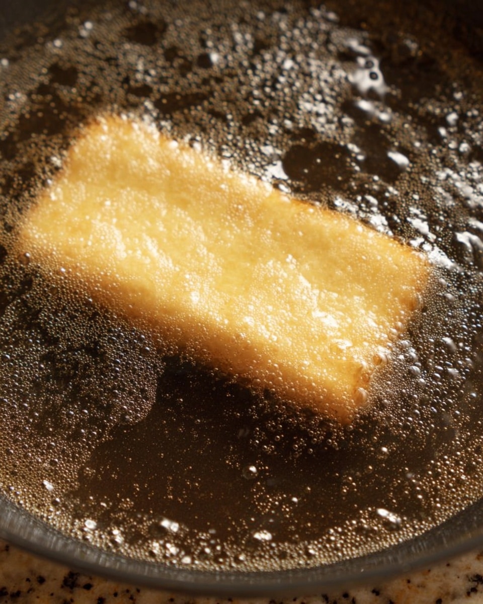 A close-up view of a rectangular light golden dough piece frying in dark bubbling oil inside a black pan, with tiny bubbles forming around the dough edges, and a speckled countertop in the background replaced by a white marbled texture photo taken with an iphone --ar 4:5 --v 7