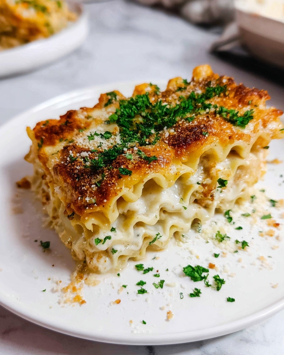 A slice of lasagna sits on a white plate, showing three layers of wavy pasta separated by creamy white sauce. The top layer is golden brown with melted cheese and sprinkled with green parsley and grated cheese, giving a slightly crispy look. The white plate rests on a white marbled surface, with some crumbs around it. Photo taken with an iphone --ar 4:5 --v 7