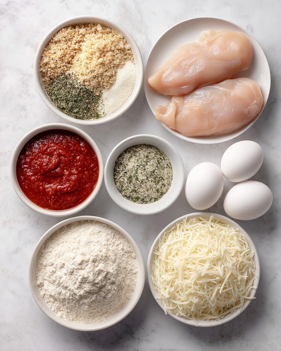 The image shows six round white bowls and a white plate arranged on a white marbled surface. The top left bowl contains a mix of whole wheat breadcrumbs, parmesan cheese, dried basil, dried parsley, and pepper, showing a mix of light brown crumbs, green dried herbs, and white cheese. Below it, there is a small white bowl filled with whole wheat flour, appearing as a fine, light beige powder. At the bottom left, a bowl holds marinara sauce with a rich, thick red texture. Next to it on the bottom right, another bowl is filled with shredded mozzarella cheese, white and stringy. To the right, a white plate holds three raw chicken breasts, pale pink and smooth. Above the plate, three whole white eggs lay directly on the white marbled surface. photo taken with an iphone --ar 4:5 --v 7