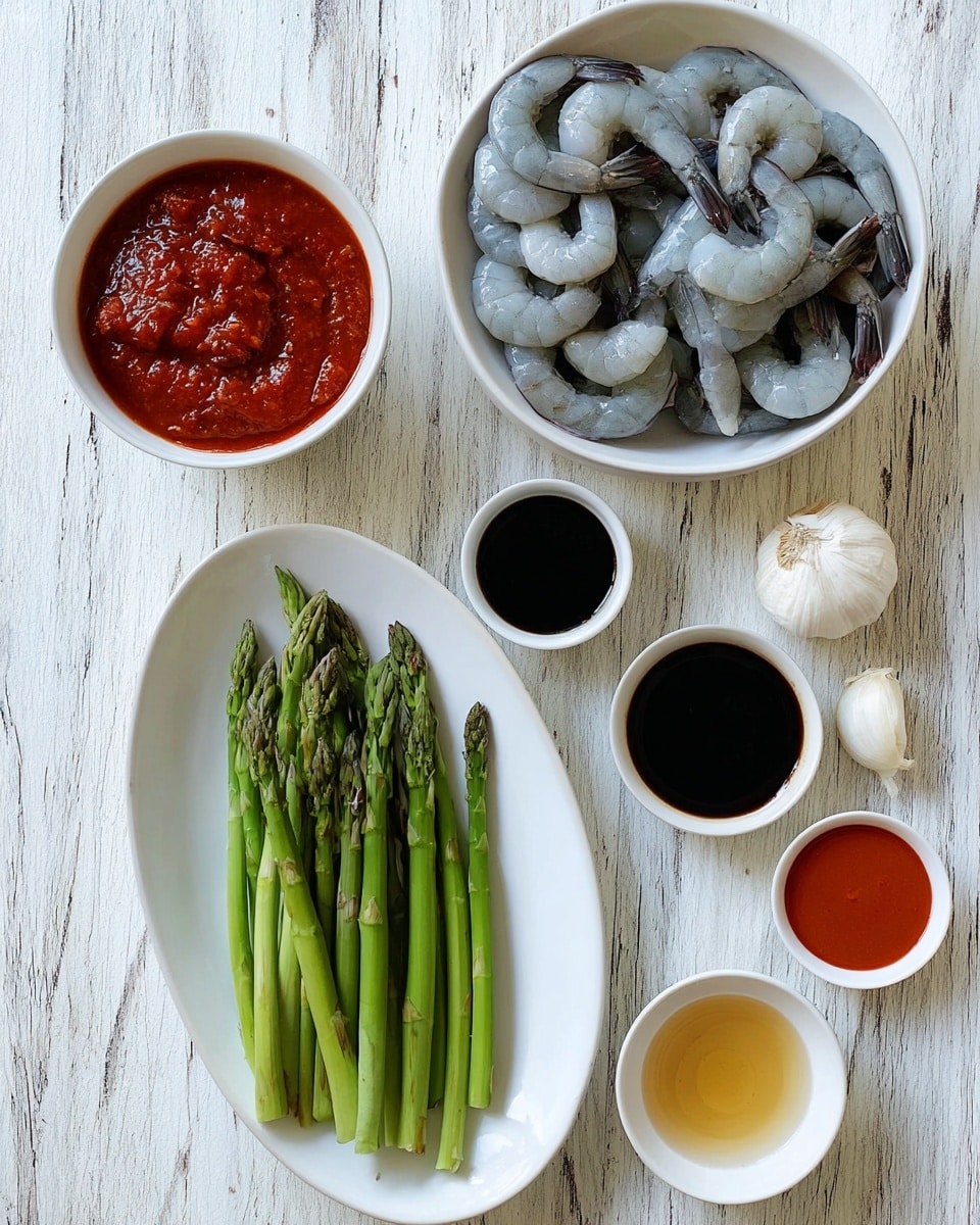 The image shows fresh, raw shrimp with blue-grey shells and tails in a white bowl at top center. Below the shrimp bowl, there is an oval white plate full of bright green asparagus spears, arranged in neat layers with tips facing up. At the top left, a white bowl holds a thick red sauce with visible small bits, while to the right of it, a small white bowl contains a dark soy sauce. Below the shrimp, a tiny white bowl filled with light golden oil is visible. Near the bottom right, another white bowl holds a smooth red sauce. Two whole garlic cloves lie on a white marbled surface, scattered between the bowls and plate. The background is a white marbled texture. The photo taken with an iphone --ar 4:5 --v 7