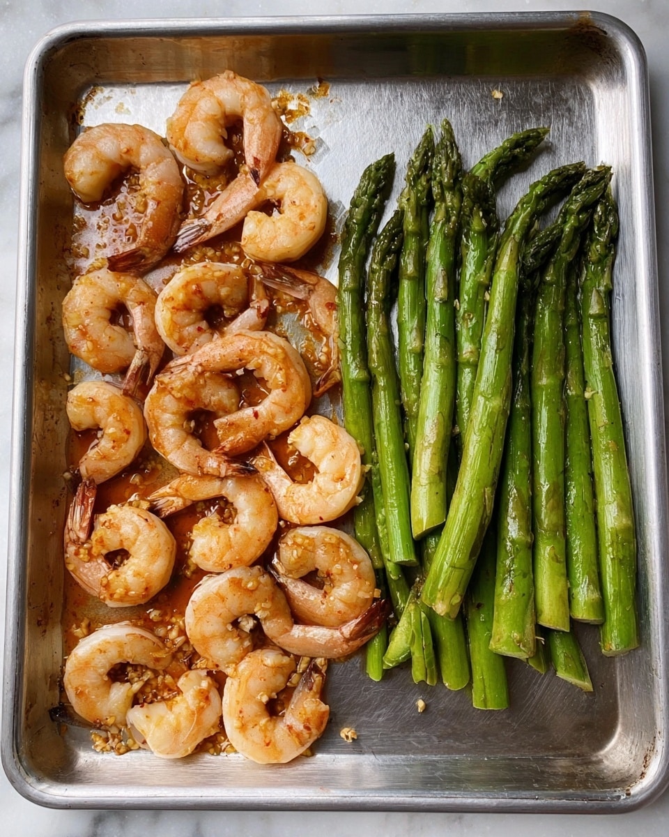 The image shows a metal baking tray with two main parts: on the left side, there are many raw shrimp arranged in a loose cluster, each shrimp curved and coated lightly in a reddish-orange sauce with small pieces of garlic or seasoning. On the right side, there is a neat bundle of green asparagus spears lined up straight with a slight shine from a light coating of oil. The tray sits on a white marbled surface. Photo taken with an iphone --ar 4:5 --v 7