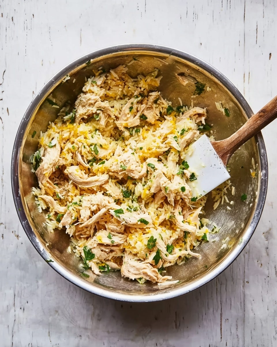 A large silver metal bowl sits on a white marbled surface, filled with shredded pieces of cooked chicken mixed with orange-yellow rice and small green herbs. The chicken pieces are light tan with a slightly rough texture, layered unevenly over the soft, loose rice, which looks fluffy and moist. Green herb leaves are scattered throughout, adding a fresh touch of color. A white spatula with a wooden handle rests inside the bowl, partially covered with some of the mixture. Photo taken with an iphone --ar 4:5 --v 7