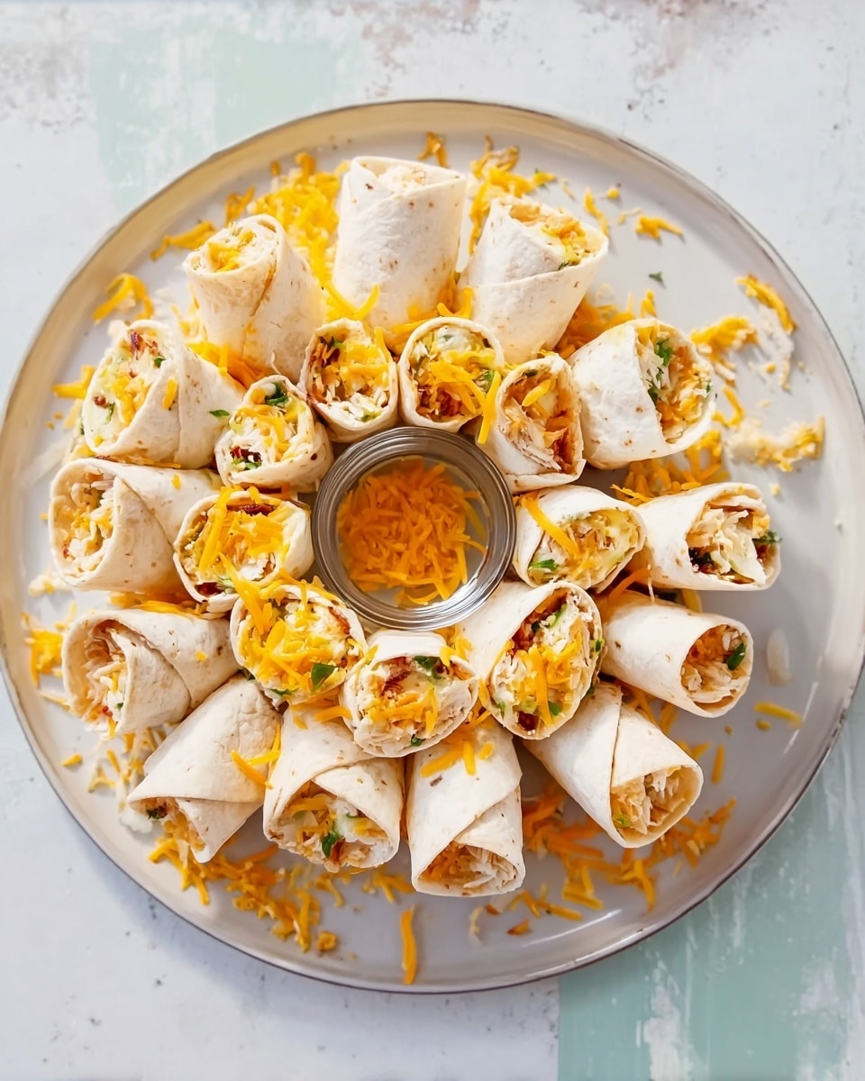 A round white plate holds a ring of small tortilla wraps, each rolled and filled with a mix of shredded ingredients inside, showing hints of orange and green colors. The wraps are arranged standing upright, leaning against each other in a circle with a small glass bowl in the center. Bright yellow and orange shredded cheese is sprinkled over the top, scattered unevenly around the plate. The plate sits on a white marbled surface, and the background is soft and bright. Photo taken with an iphone --ar 4:5 --v 7
