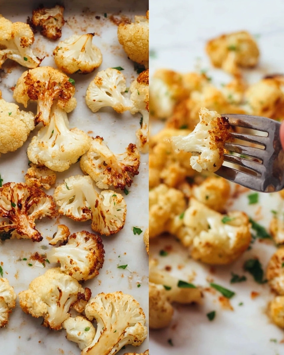 The image shows roasted cauliflower pieces on a white marbled surface. The cauliflower florets are light golden brown with some darker brown edges, showing roasting marks. They are spread out on the surface with a few sprinkled green herbs on top for color contrast. On the right side, a woman’s hand with a fork is holding one piece close up, highlighting the texture of the roasted cauliflower with a slightly crispy outside and soft inside. photo taken with an iphone --ar 4:5 --v 7