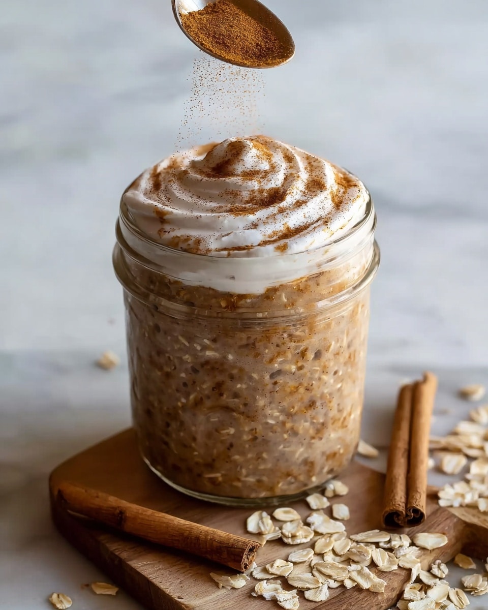 A clear glass jar filled with a textured brown oatmeal mixture that has visible small oat pieces and darker spice specks throughout, topped with a thick layer of swirled white cream mixed with brown cinnamon powder being sprinkled from a spoon above. The jar is placed on a wooden board scattered with dry oats and two cinnamon sticks on a white marbled surface background. photo taken with an iphone --ar 4:5 --v 7
