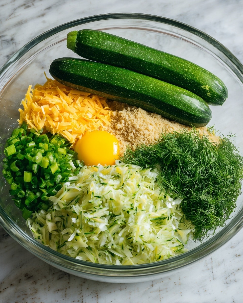 A clear glass bowl holds the ingredients for a dish arranged in layers, placed on a white marbled surface. The bottom right of the bowl is filled with shredded pale green zucchini mixed with small green herb bits. Moving left, there is a small but dense pile of bright yellow shredded cheddar cheese with a soft texture. Above the cheese and towards the left center, bright green sliced scallions form a fresh, uneven layer. To their right, finely chopped dark green herbs add a textured layer. Above and to the left of the herbs, there is a whole bright yellow egg yolk surrounded by a thin layer of egg white, next to a small heap of pale crumbly breadcrumbs. Behind all ingredients, two whole zucchinis lean against the side of the bowl showing their smooth, dark green skin. photo taken with an iphone --ar 4:5 --v 7
