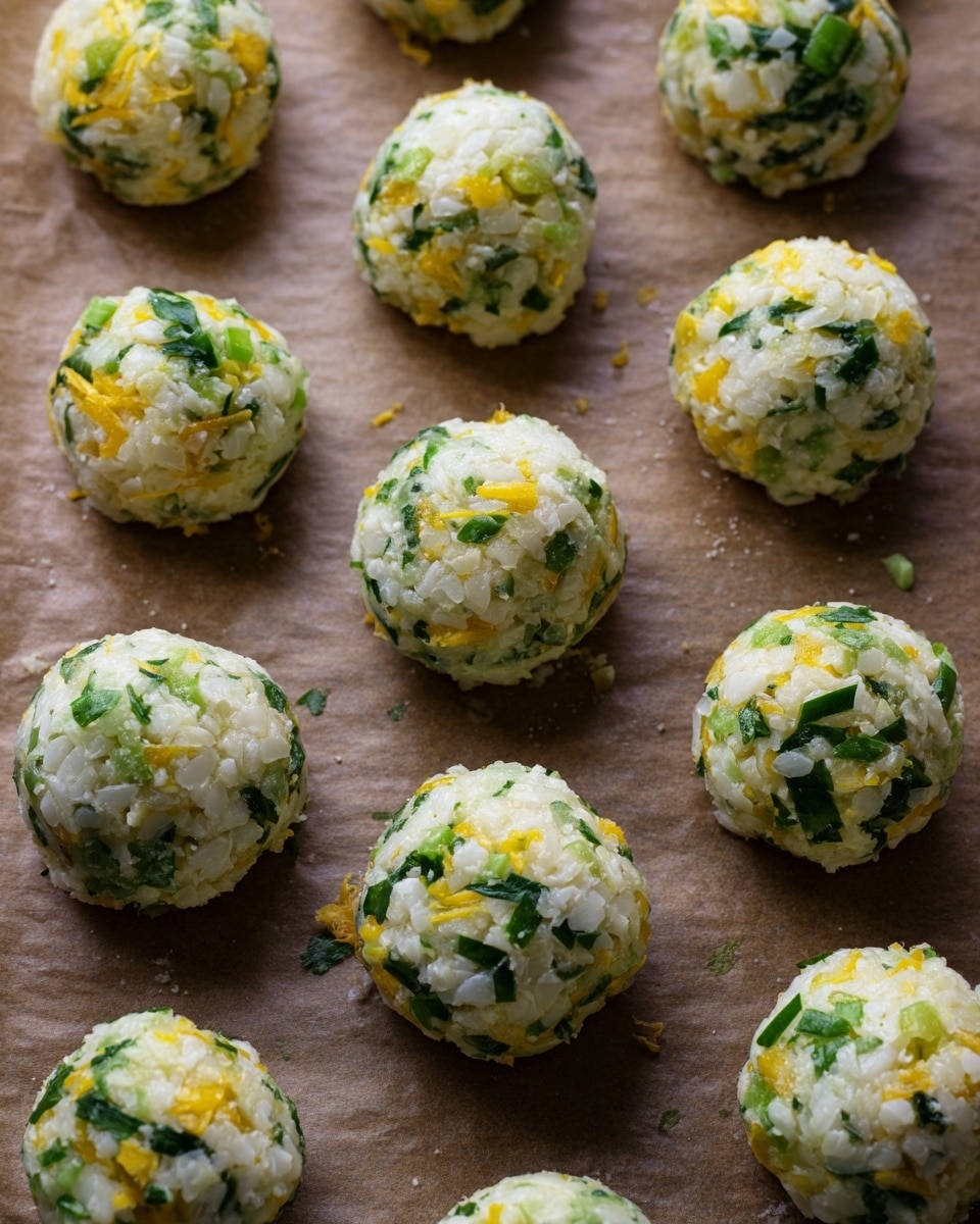 Small round balls made of a mix of rice, small pieces of yellow cheese, and chopped green herbs or vegetables are laid out evenly on a baking sheet with brown parchment paper. Each ball has a rough texture with visible flakes of cheese and small green bits throughout, forming about three layers visually: a mostly white rice base, the green chopped pieces spread within, and scattered yellow cheese shreds on top and inside. The balls are spaced apart so you can see the brown parchment underneath, and the lighting shows a slight shine on some balls. Photo taken with an iphone --ar 4:5 --v 7