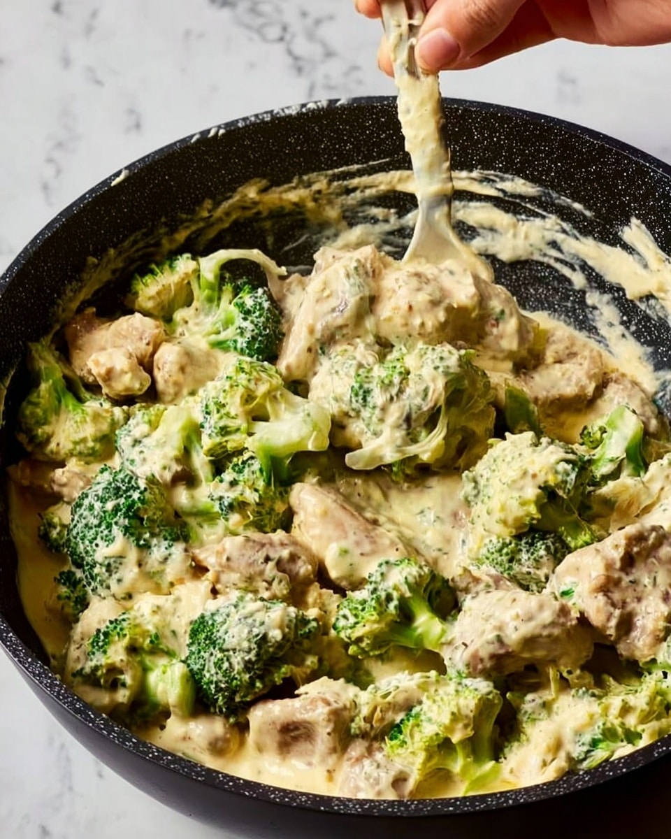 The image shows a close-up of a black pan filled with a creamy dish that has multiple layers; the bottom layer consists of light green and dark green broccoli florets that are covered by the top layer of a thick, pale yellow creamy sauce. Mixed in the sauce are chunks of beige meat, and the creamy texture has a smooth and slightly lumpy appearance. The broccoli pieces appear fresh and tender, and the creamy sauce is evenly spread over all the ingredients in the pan. A woman's hand is holding a utensil above the pan, stirring the mixture. The background is a white marbled texture. photo taken with an iphone --ar 4:5 --v 7