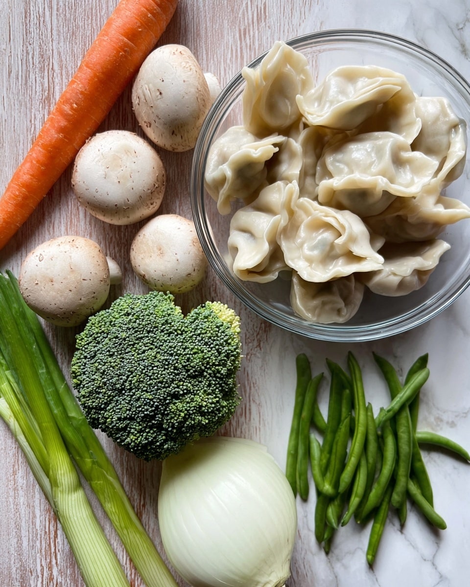 The image shows a glass bowl with about ten pale dumplings, each dumpling having a slightly wrinkled, soft texture and folded edges, placed in the top right corner on a white marbled surface. To the left, there is a bright orange carrot lying alongside several white mushrooms with smooth caps, a green broccoli head with a dense floret texture, and a green onion with white and green sections stretched horizontally. Below the bowl, half a white onion with curved layers is placed near a small bundle of fresh green beans, arranged in a neat group. The colors are natural and vibrant, with a mix of green, orange, and neutral tones photo taken with an iphone --ar 4:5 --v 7